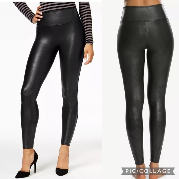 Spanx Faux Leather Leggings Black Coated Stretch Large - Picture 1 of 10